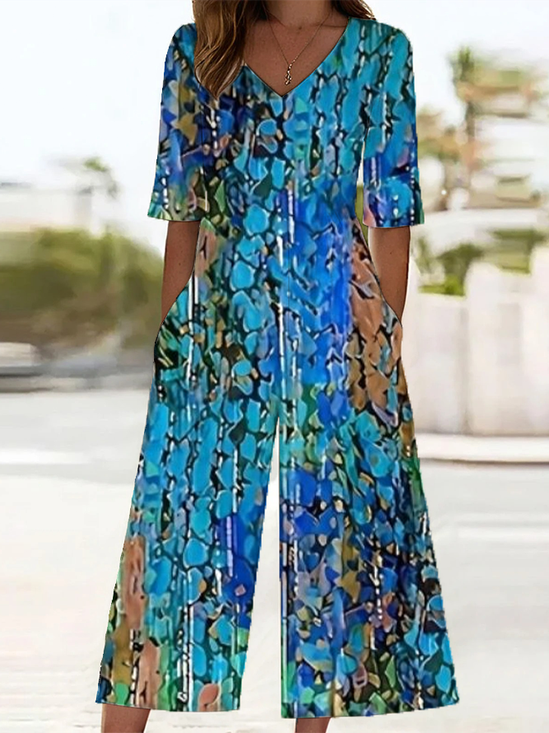 Damen Abstrakt V-Ausschnitt Halbarm Lässig Sommer Jumpsuit