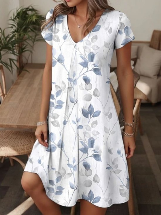 Damen Geblümt Kurzarm Sommer Kleid V-Ausschnitt Täglich Lässig Maxikleid A-Linien-Kleid