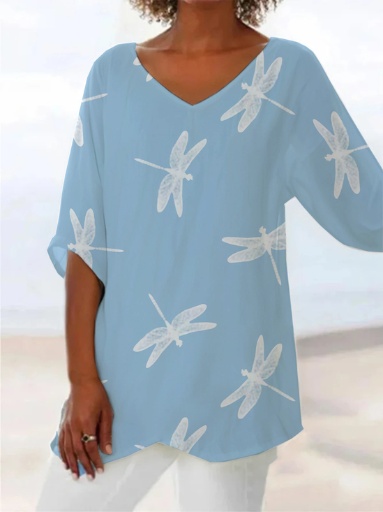 Damen Libelle Kurzarm Bluse Sommer Print V-Ausschnitt Täglich Lässig Oberteile