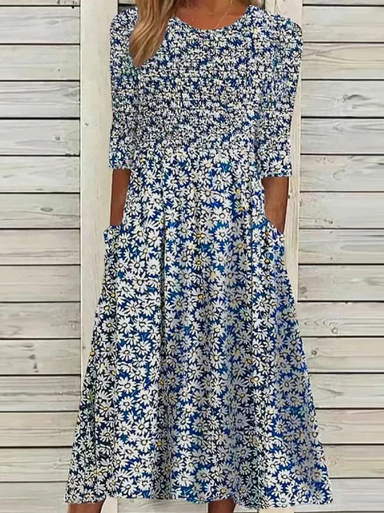 Damen Geblümt Halbarm Sommer Print Kleid Rundhals Täglich Lässig Maxikleid A-Linien-Kleid