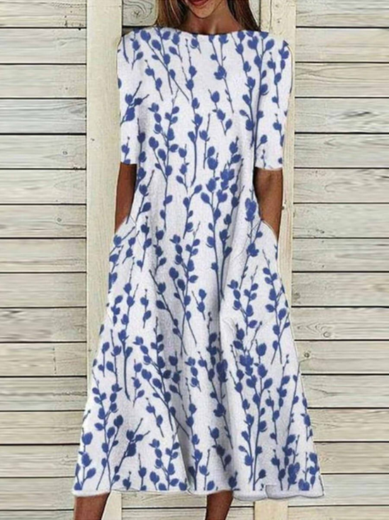 Damen Geblümt Halbarm Sommer Print Kleid Rundhals Täglich Lässig Maxikleid A-Linien-Kleid