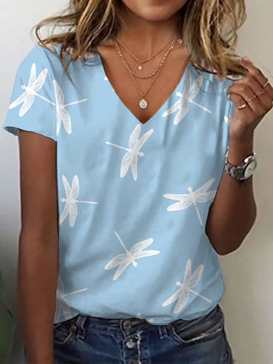 Damen Libelle Kurzarm T-Shirts T-Shirt V-Ausschnitt Print Lässig Sommer T-Shirt mit Grafik Oberteile