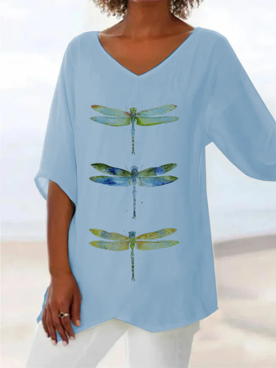 Damen Libelle Kurzarm Bluse Sommer Print V-Ausschnitt Täglich Lässig Oberteile