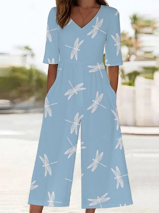 Damen Libelle V-Ausschnitt Halbarm Lässig Sommer Jumpsuit