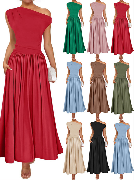 Damen Unifarben Kurzarm Sommer Kleid Asymmetrisch Täglich Lässig Maxikleid Tunika A-Linien-Kleid