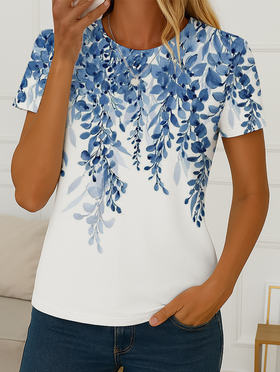Damen Geblümt Kurzarm T-Shirts T-Shirt Rundhals Print Lässig Sommer T-Shirt mit Grafik Oberteile