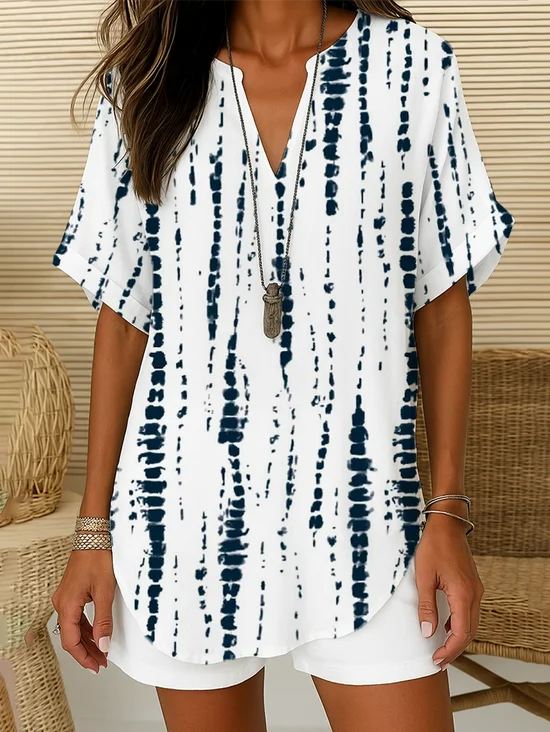 Damen Gestreift Kurzarm Bluse Sommer Print V-Ausschnitt Täglich Lässig Oberteile
