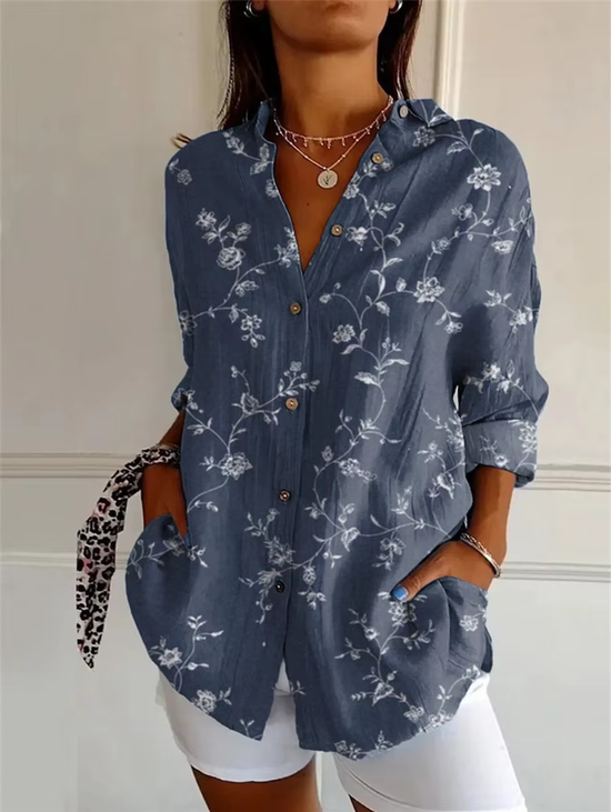 Damen Geblümt Langarm Bluse Frühling/Herbst Hemdkragen Täglich Retro Oberteile