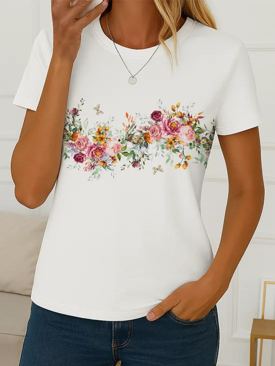 Damen Geblümt Kurzarm T-Shirts T-Shirt Rundhals Print Lässig Sommer T-Shirt mit Grafik Oberteile