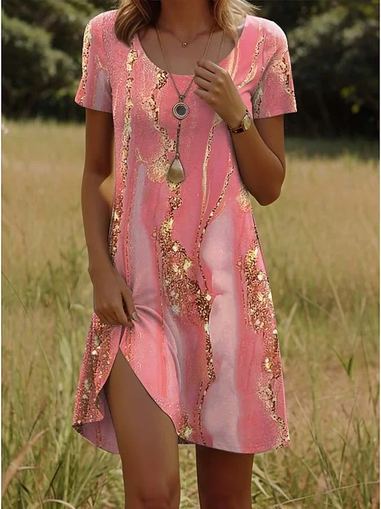 Damen Abstrakt Kurzarm Sommer Print Kleid Rundhals Täglich Lässig Mini Tunika H-Linie Kleid