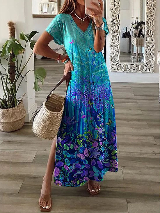 Damen Geblümt Kurzarm Sommer Print Kleid V-Ausschnitt Täglich Lässig Maxikleid X-Linie Kleid