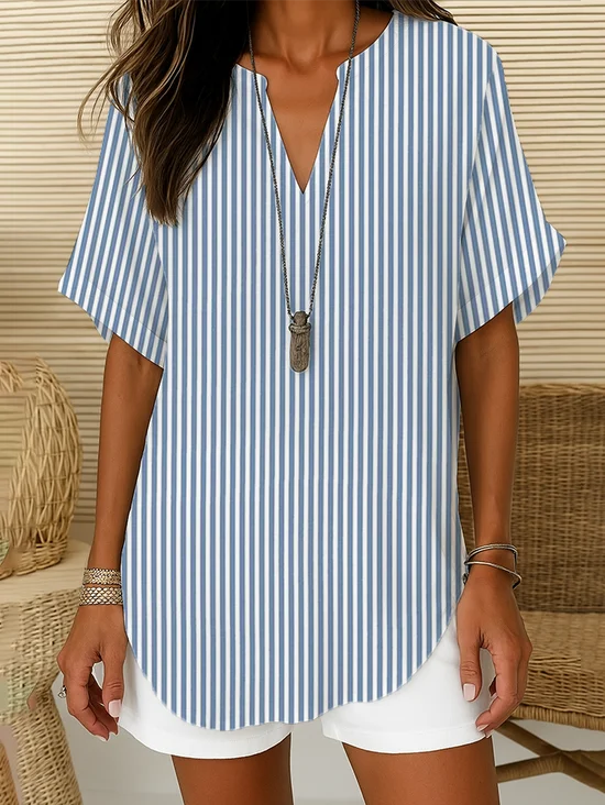 Damen Gestreift Kurzarm Bluse Sommer Print V-Ausschnitt Täglich Lässig Oberteile