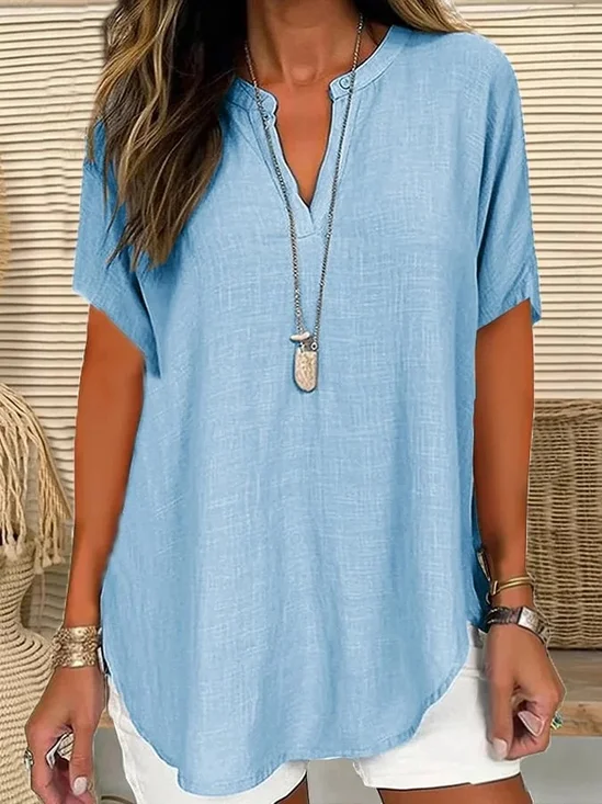 Damen Unifarben Halbarm Bluse Sommer Schalkragen Täglich Lässig Oberteile