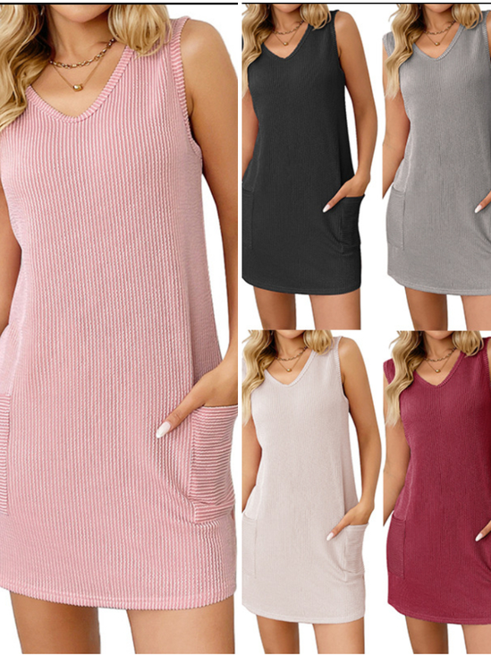 Damen Unifarben Ärmellos Sommer Kleid V-Ausschnitt Täglich Lässig Midi Tanktop H-Linie Kleid