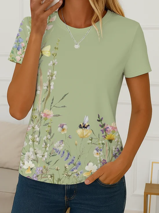 Damen Geblümt Kurzarm T-Shirts T-Shirt Rundhals Print Lässig Sommer T-Shirt mit Grafik Oberteile
