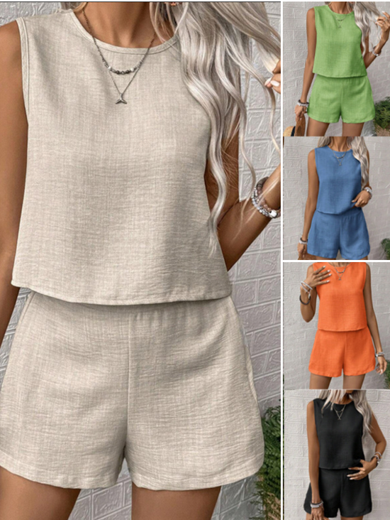 Damen Unifarben Zweiteiliges Set Täglich Ärmellos Lässig Sommer Bluse mit Hose Matching Set