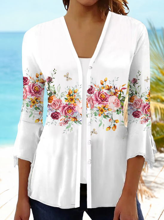 Damen Geblümt Frühling/Herbst Aufdecken Lässig Print Leicht Strickjacke