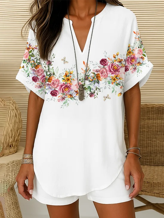 Damen Geblümt Kurzarm Bluse Sommer Print V-Ausschnitt Täglich Lässig Oberteile
