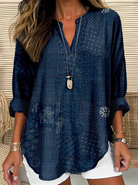 Damen Abstrakt Geometrie Halbarm Bluse Sommer Schalkragen Täglich Lässig Oberteile