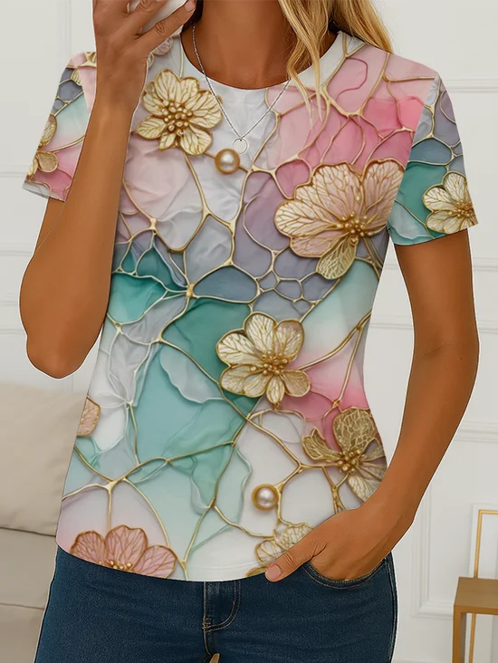 Damen Geblümt Kurzarm T-Shirts T-Shirt Rundhals Print Lässig Sommer T-Shirt mit Grafik Oberteile
