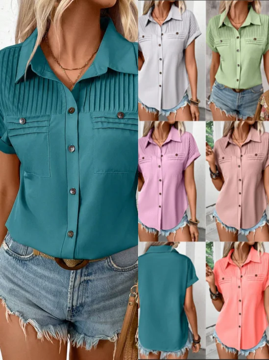 Damen Unifarben Kurzarm T-Shirts T-Shirt Schalkragen Lässig Sommer Oberteile