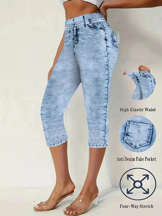 Damen Grafik mit Denim-Imitat-Print Caprihosen Elastische Taille Hose Lässig Sommer Hose