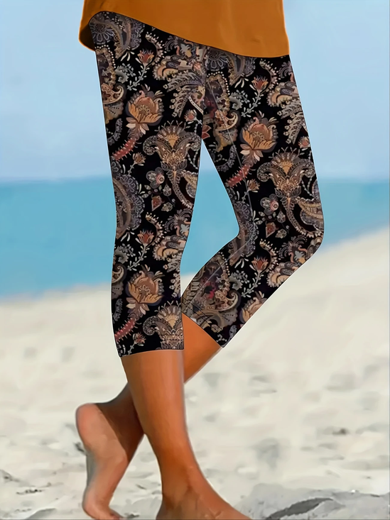 Damen Geblümt Caprihosen Elastische Taille Hose Lässig Sommer Hose