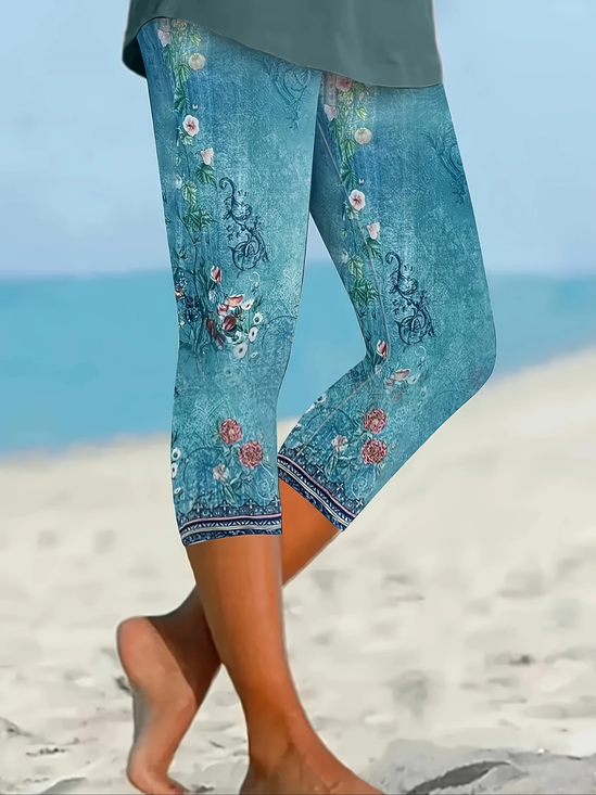 Damen Geblümt Caprihosen Elastische Taille Hose Lässig Sommer Hose