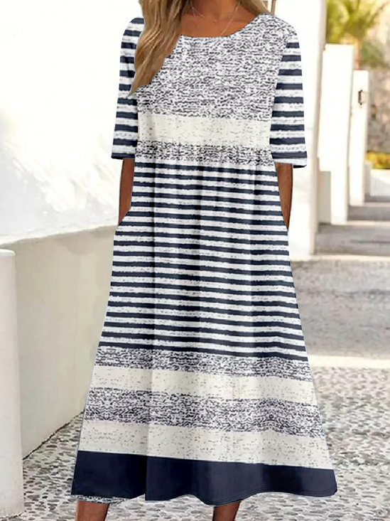 Damen Halbarm Sommer Gestreift Kleid Rundhals Täglich Ausgehen Retro Maxikleid Blusenkleid A-Linien-Kleid