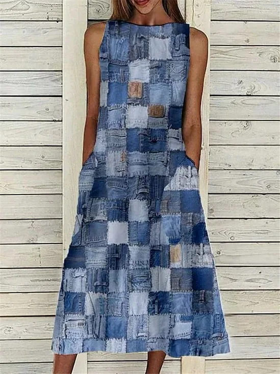 Damen Kariert Ärmellos Sommer Print Kleid Rundhals Täglich Lässig Maxikleid Passen & Flare Kleid H-Linie Kleid