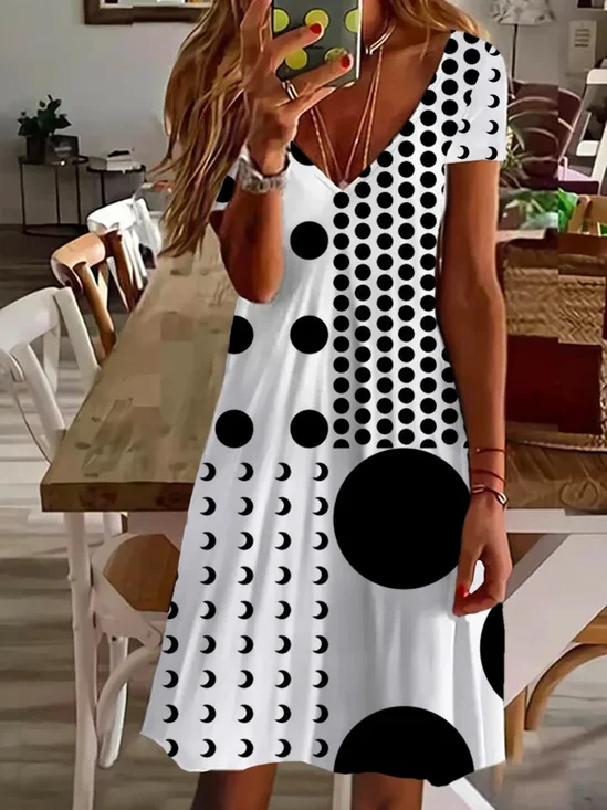 Damen Polka Dots Kurzarm Sommer Print Kleid V-Ausschnitt Täglich Lässig Midi Passen & Flare Kleid A-Linien-Kleid