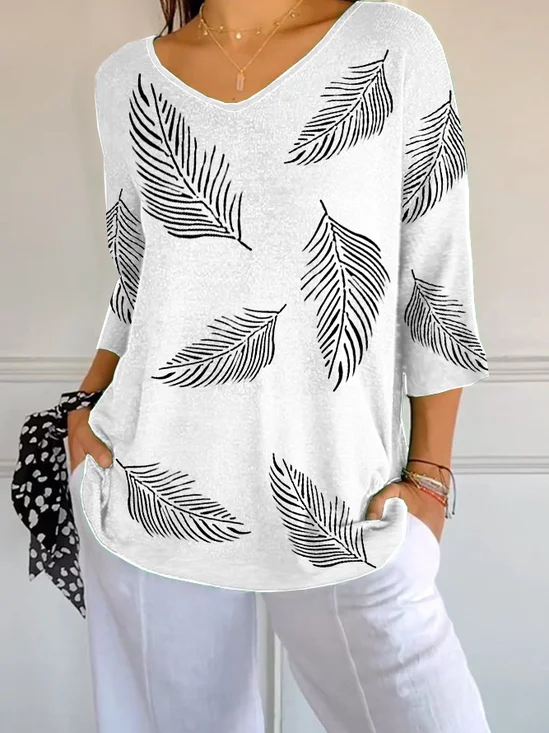 Damen Feder Dreiviertelärmel T-Shirts T-Shirt V-Ausschnitt Print Lässig Frühling/Herbst T-Shirt mit Grafik Oberteile
