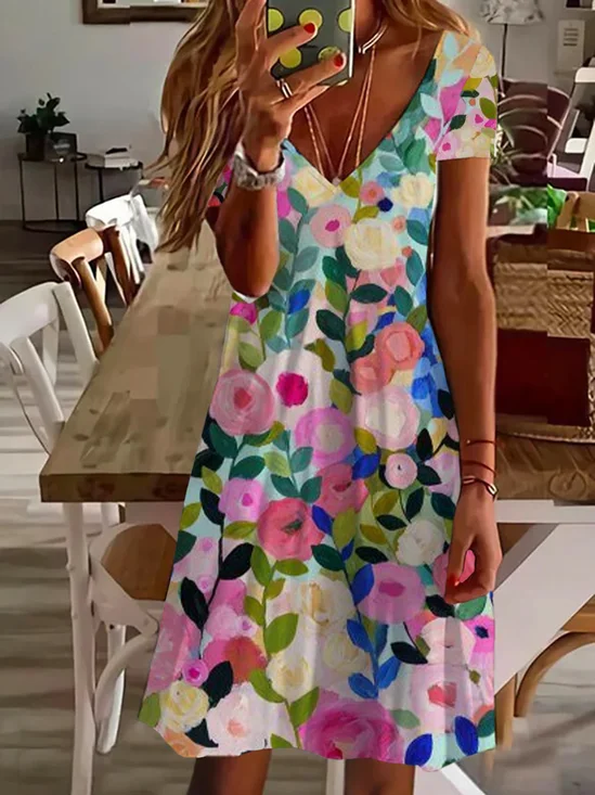 Damen Geblümt Kurzarm Sommer Print Kleid V-Ausschnitt Täglich Lässig Midi Passen & Flare Kleid A-Linien-Kleid