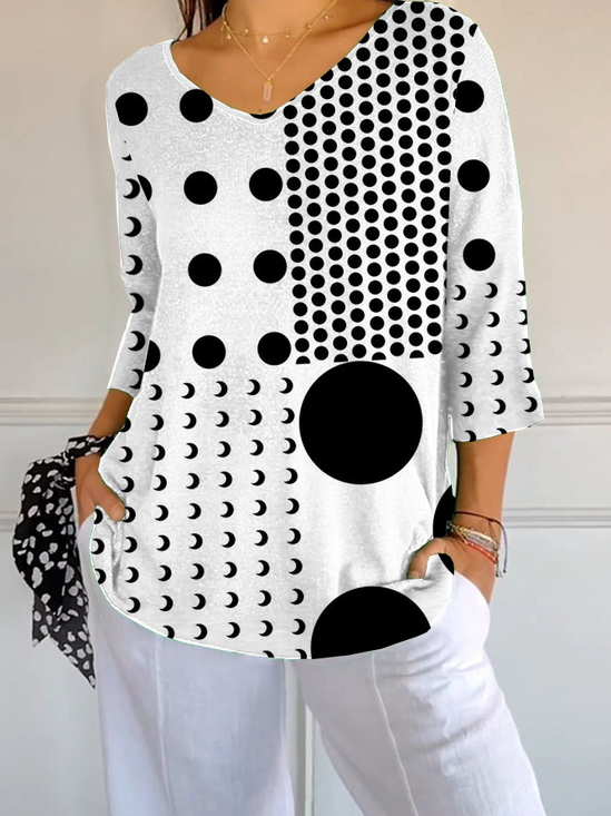 Damen Polka Dots Dreiviertelärmel T-Shirts T-Shirt V-Ausschnitt Print Lässig Frühling/Herbst T-Shirt mit Grafik Oberteile