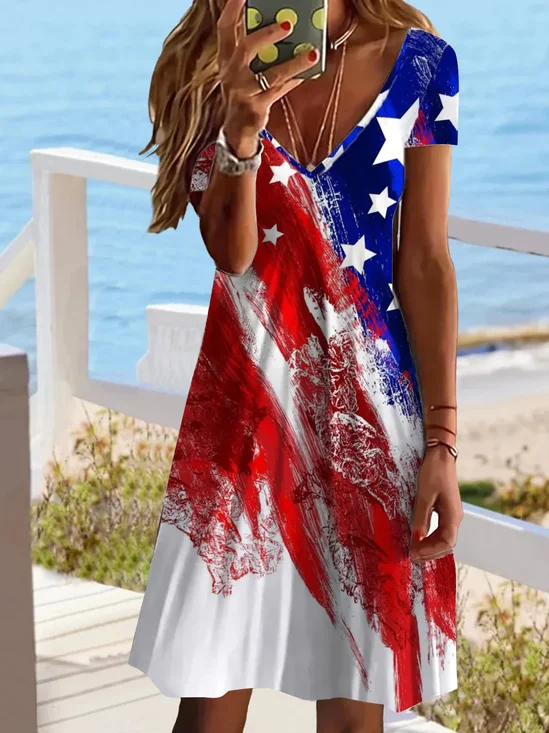 Damen Amerika-Flagge Kurzarm Sommer Print Kleid V-Ausschnitt Täglich Lässig Midi Passen & Flare Kleid A-Linien-Kleid
