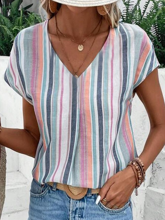 Damen Gestreift Kurzarm T-Shirts T-Shirt V-Ausschnitt Print Lässig Sommer Oberteile