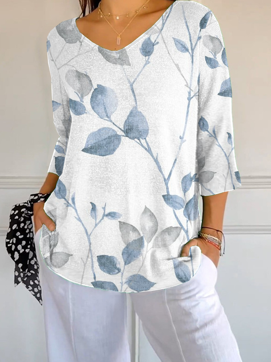 Damen Geblümt Dreiviertelärmel T-Shirts T-Shirt V-Ausschnitt Print Lässig Frühling/Herbst T-Shirt mit Grafik Oberteile