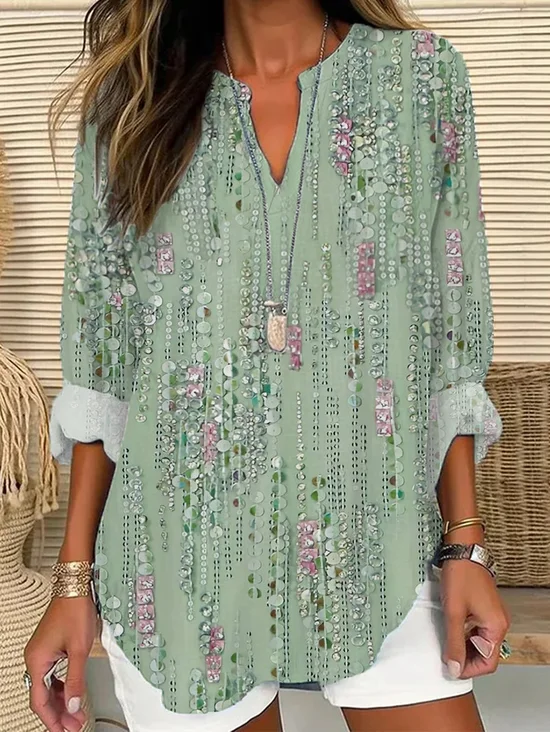 Damen Gestreift Langarm Bluse Frühling/Herbst Print V-Ausschnitt Täglich Lässig Oberteile