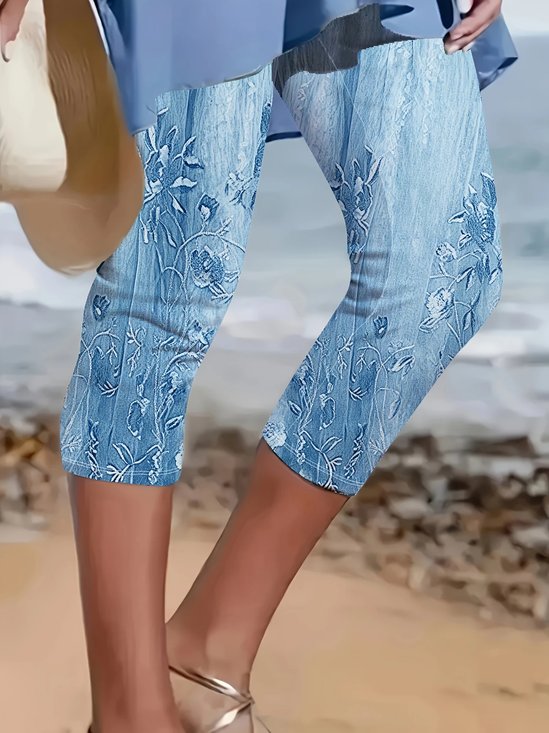Damen Geblümt Caprihosen Elastische Taille Hose Lässig Sommer Hose