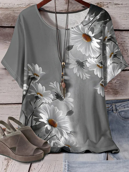 Damen Geblümt Kurzarm T-Shirts T-Shirt Rundhals Print Lässig Sommer T-Shirt mit Grafik Oberteile