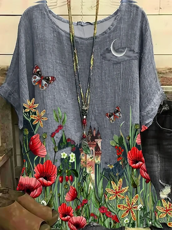 Damen Geblümt Kurzarm T-Shirts T-Shirt Rundhals Print Lässig Sommer T-Shirt mit Grafik Oberteile