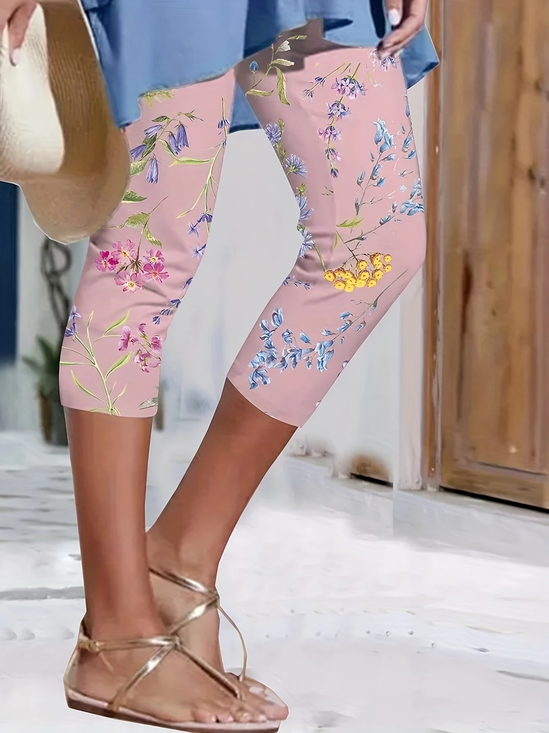 Damen Geblümt Caprihosen Elastische Taille Hose Lässig Sommer Hose