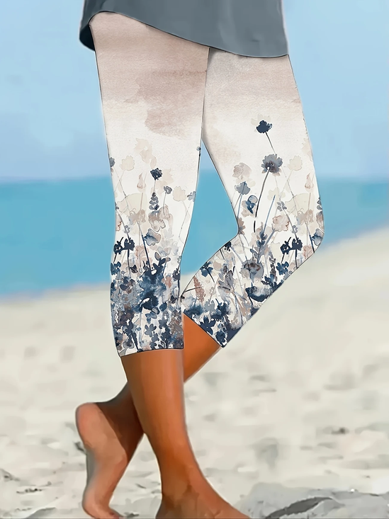 Damen Geblümt Caprihosen Elastische Taille Hose Lässig Sommer Hose