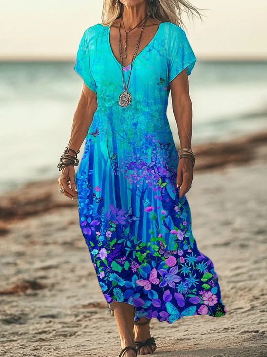 Damen Geblümt Kurzarm Sommer Print Kleid V-Ausschnitt Täglich Lässig Maxikleid X-Linie Kleid