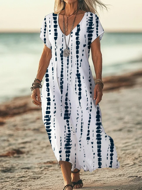 Damen Gestreift Kurzarm Sommer Print Kleid V-Ausschnitt Täglich Lässig Maxikleid X-Linie Kleid