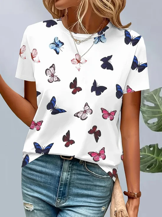 Damen Schmetterling Kurzarm T-Shirts T-Shirt Rundhals Print Lässig Sommer T-Shirt mit Grafik Oberteile
