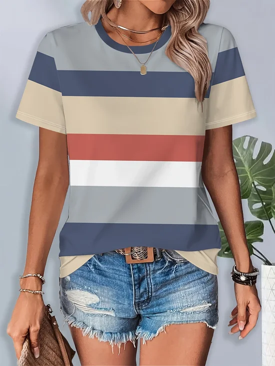 Damen Gestreift Kurzarm T-Shirts T-Shirt Rundhals Print Lässig Sommer T-Shirt mit Grafik Oberteile