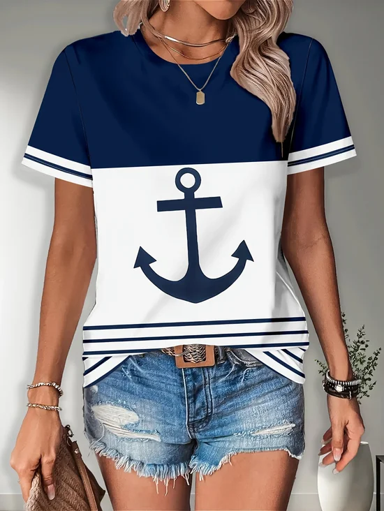 Damen Anker Kurzarm T-Shirts T-Shirt Rundhals Print Lässig Sommer T-Shirt mit Grafik Oberteile