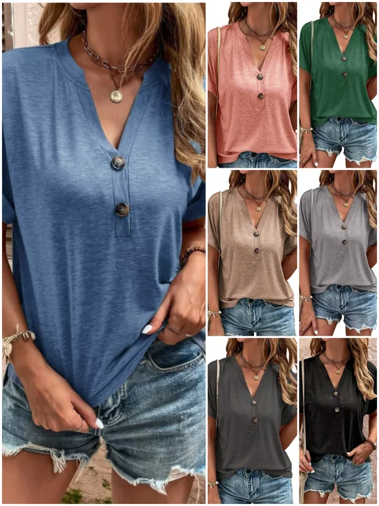 Damen Unifarben Kurzarm T-Shirts T-Shirt V-Ausschnitt Lässig Sommer Oberteile