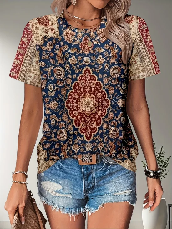 Damen Geblümt Kurzarm T-Shirts T-Shirt Rundhals Print Lässig Sommer T-Shirt mit Grafik Oberteile